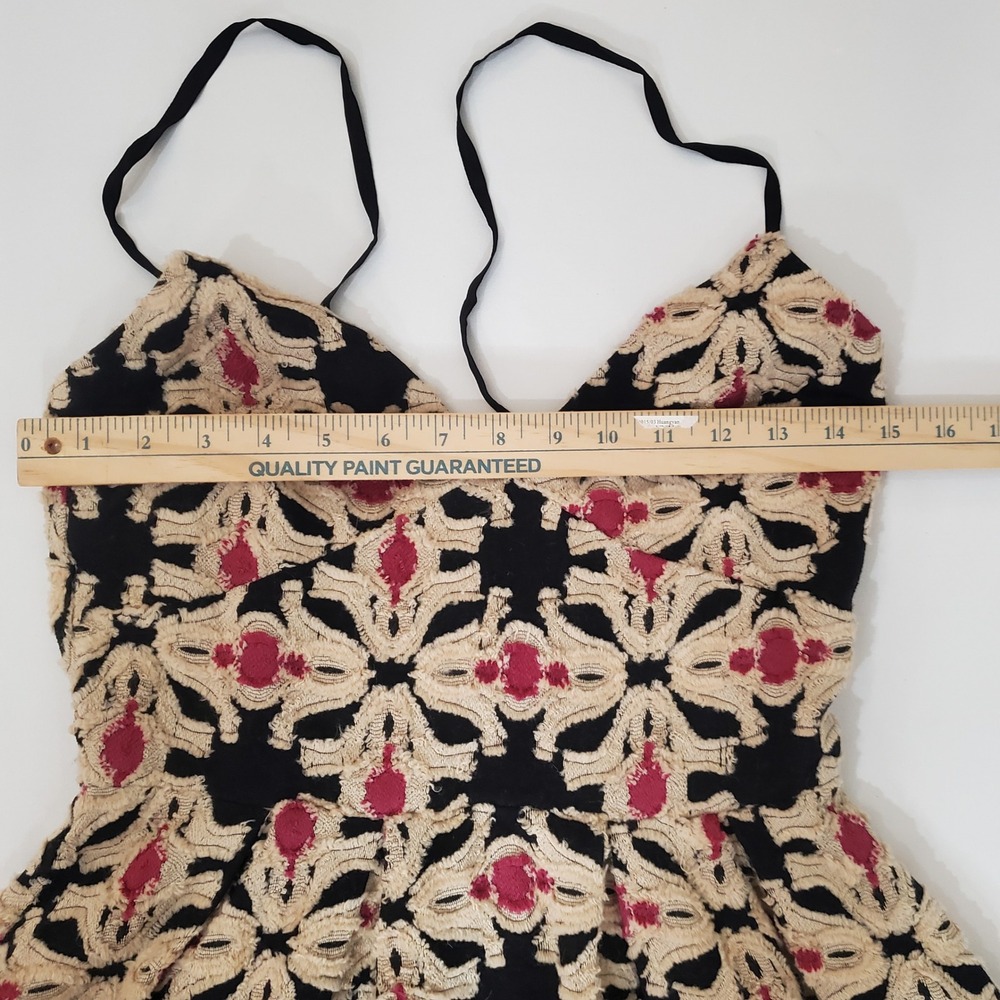 HM Black Tan Red Jacquard Midi Dress Silk Wool Blend Strappy V-Neck Size 6 - Picture 10 of 10